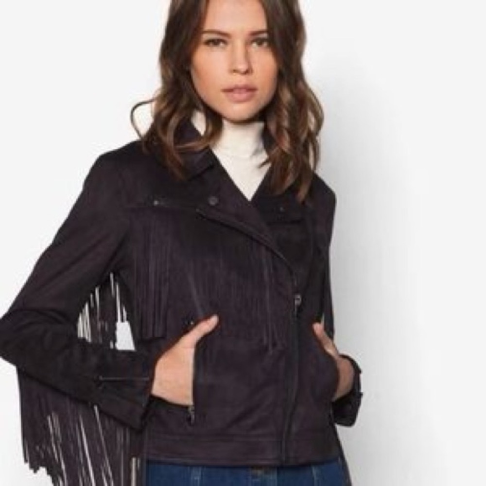Topshop Retail $210 Faux Suede Fringe Moto Western Biker Boho Jacket | Size 6